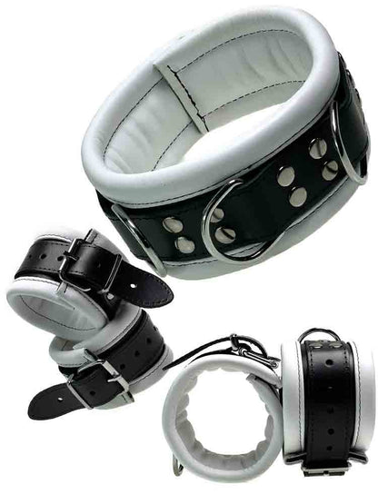 Leder-Bondageset Hals-Hand-Fussfessel - 6,5cm weiss