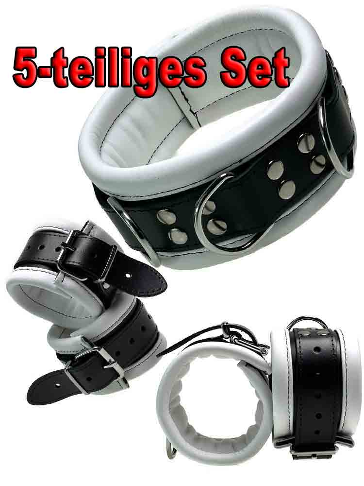 Leder-Bondageset Hals-Hand-Fussfessel - 6,5cm weiss