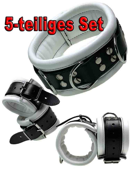 Leder-Bondageset Hals-Hand-Fussfessel - 6,5cm weiss