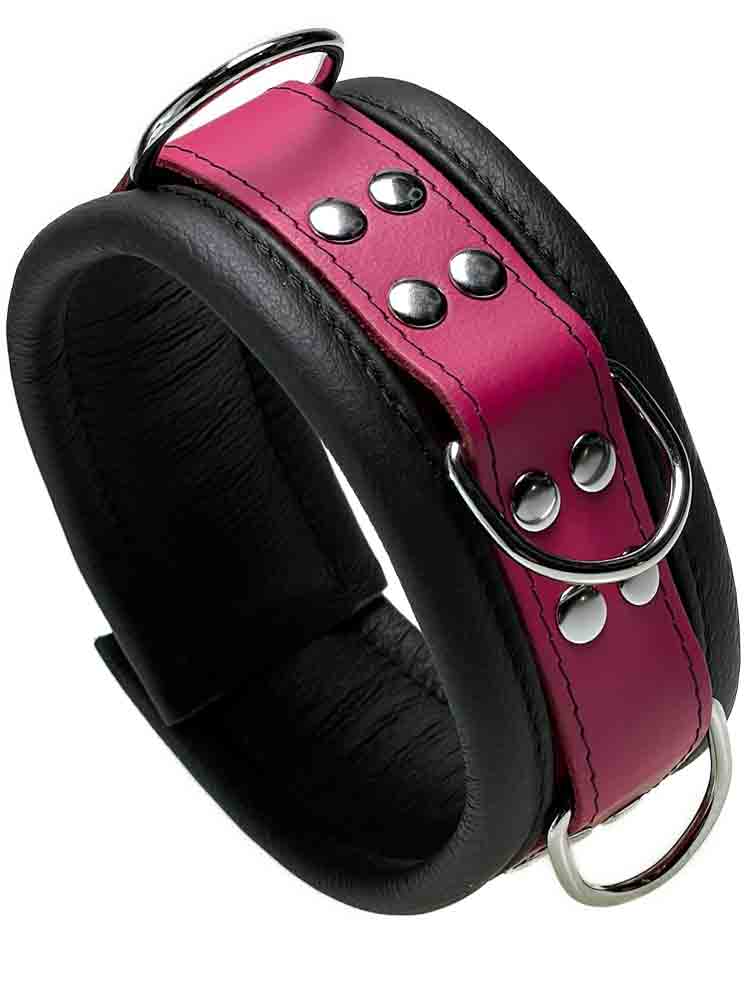Leder-Halsband gepolstert Fuchsia-Pink - 3 D-Ringe - 6,5cm