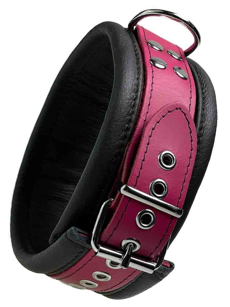 Leder-Halsband gepolstert Fuchsia-Pink - 3 D-Ringe - 6,5cm