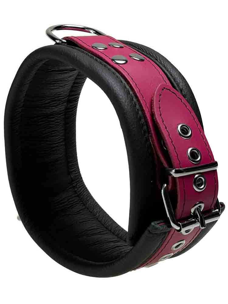Leder-Halsband gepolstert Fuchsia-Pink - 3 D-Ringe - 6,5cm