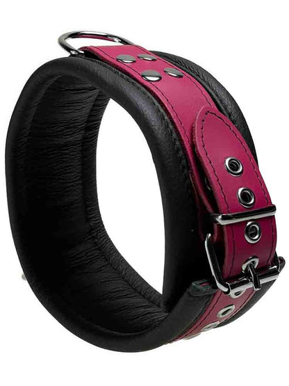 Leder-Halsband gepolstert Fuchsia-Pink - 3 D-Ringe - 6,5cm