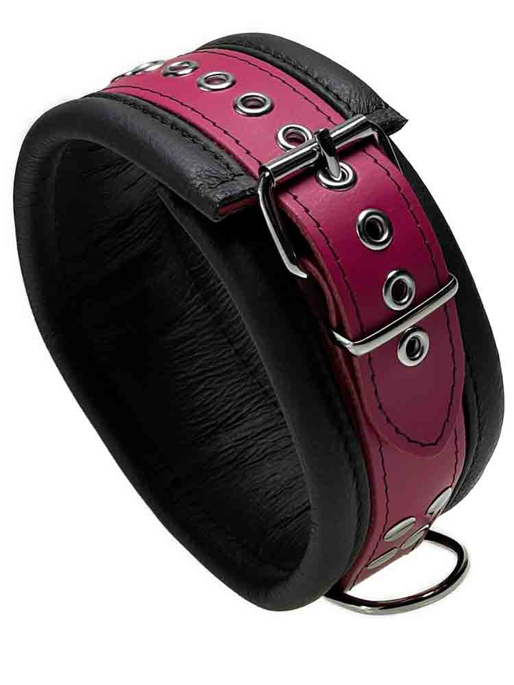 Leder-Halsband gepolstert Fuchsia-Pink - 3 D-Ringe - 6,5cm
