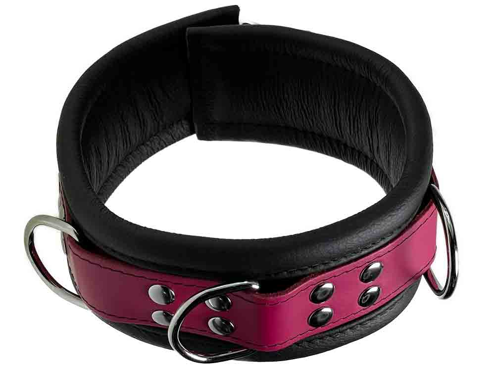 Leder-Halsband gepolstert Fuchsia-Pink - 3 D-Ringe - 6,5cm