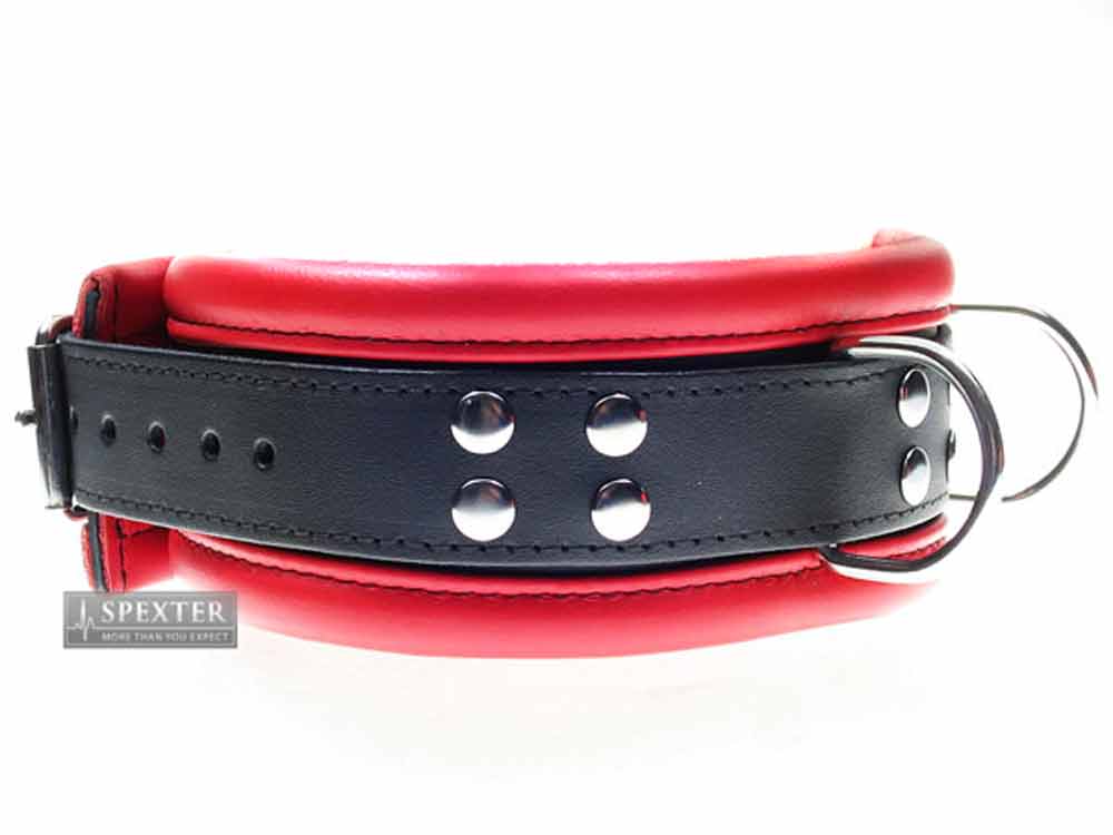 Leder-Halsband gepolstert rot - 3 D-Ringe - 6,5cm