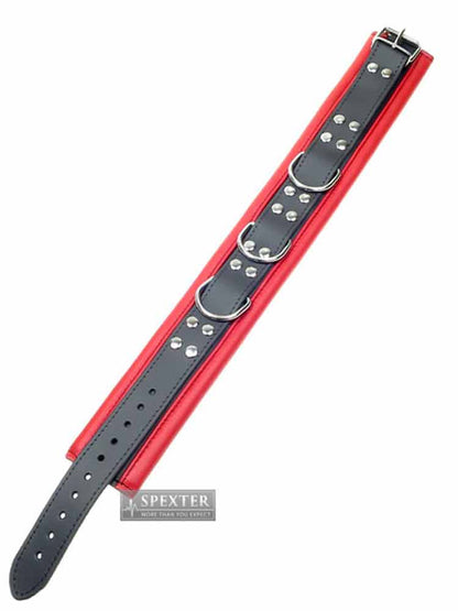 Leder-Halsband gepolstert rot - 3 D-Ringe - 6,5cm