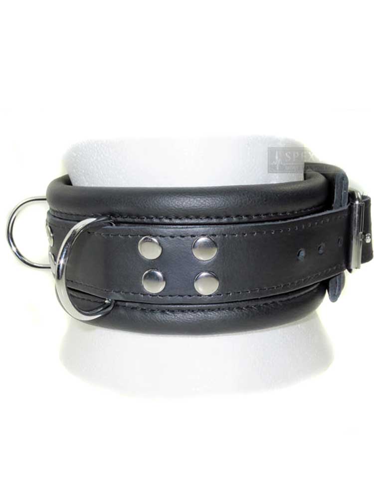 Leder-Halsband gepolstert schwarz - 3 D-Ringe - 6,5cm