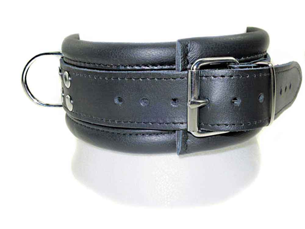 Leder-Halsband gepolstert schwarz - 3 D-Ringe - 6,5cm