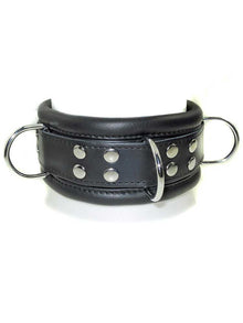 Leder-Halsband gepolstert schwarz - 3 D-Ringe - 6,5cm