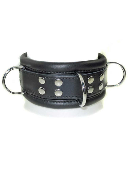 Leder-Halsband gepolstert schwarz - 3 D-Ringe - 6,5cm