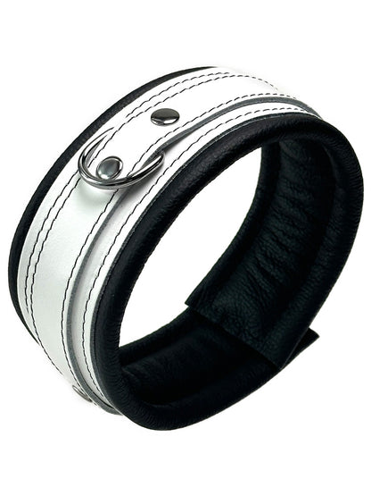 Leder-Halsband, weißer Riemen, schwarz gepolstert 5cm