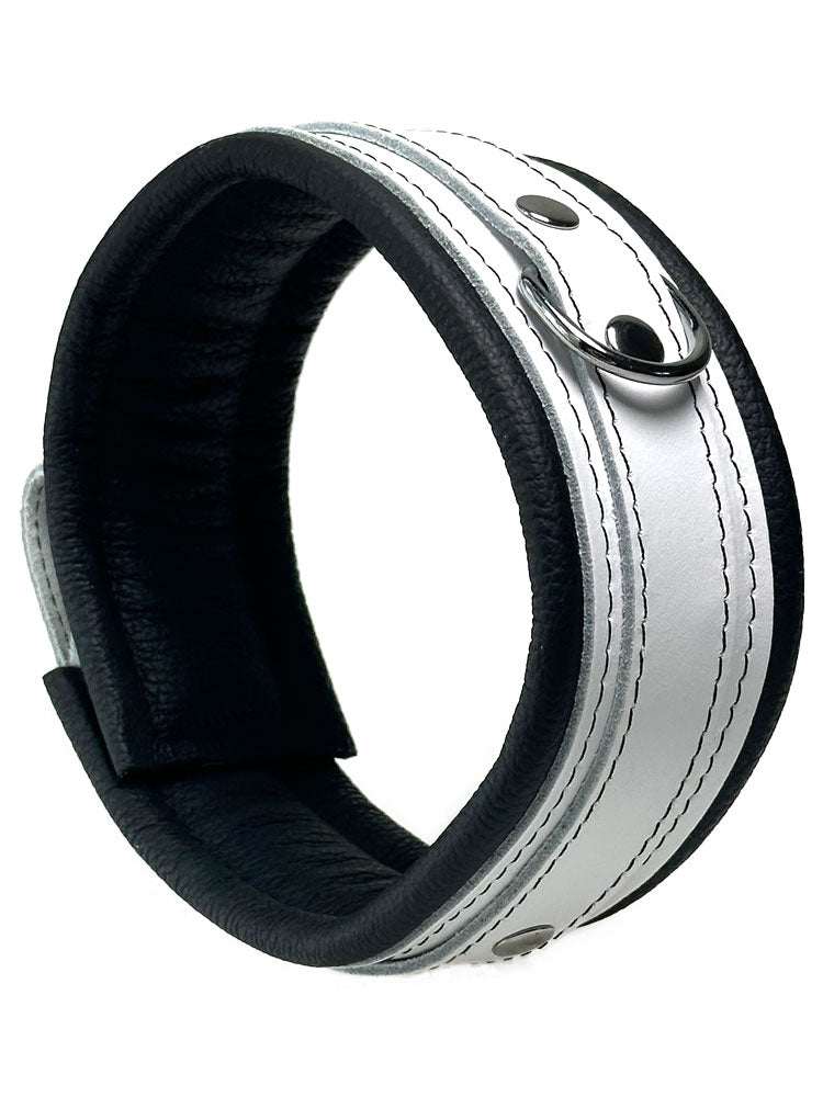 Leder-Halsband, weißer Riemen, schwarz gepolstert 5cm