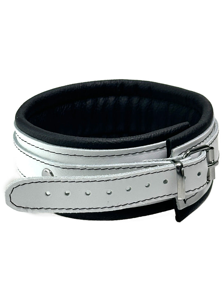 Leder-Halsband, weißer Riemen, schwarz gepolstert 5cm