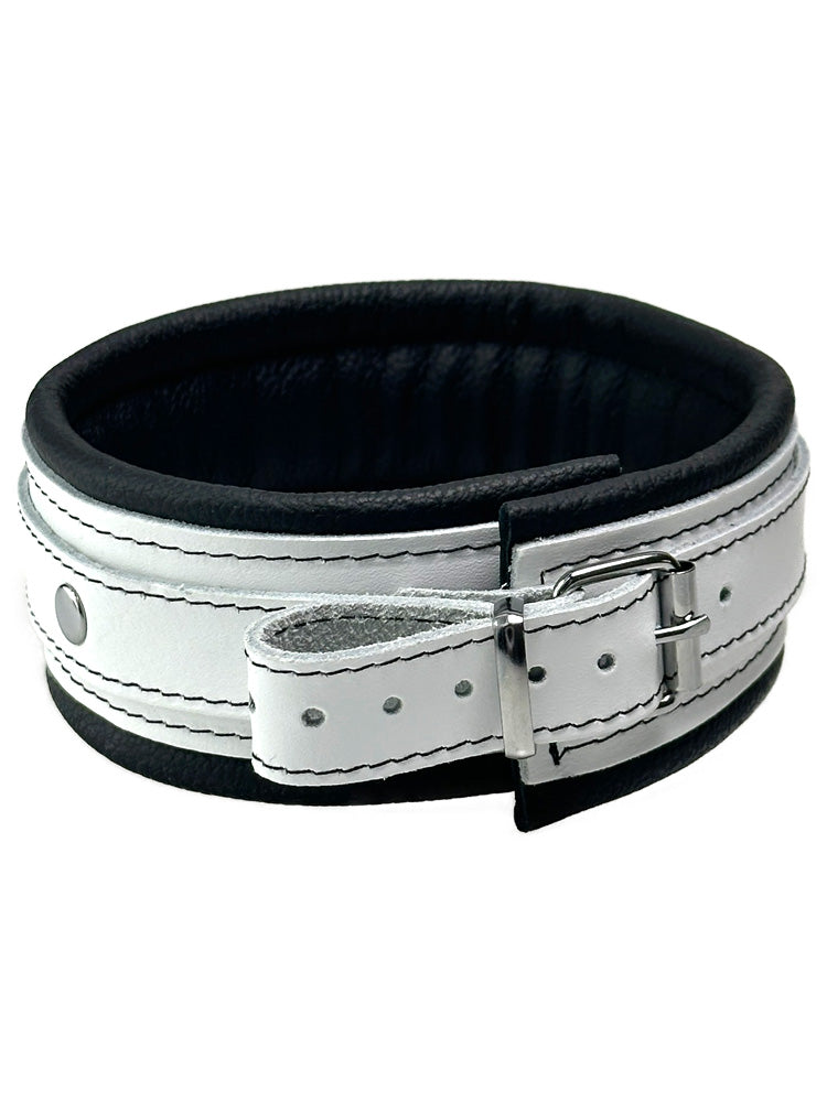 Leder-Halsband, weißer Riemen, schwarz gepolstert 5cm