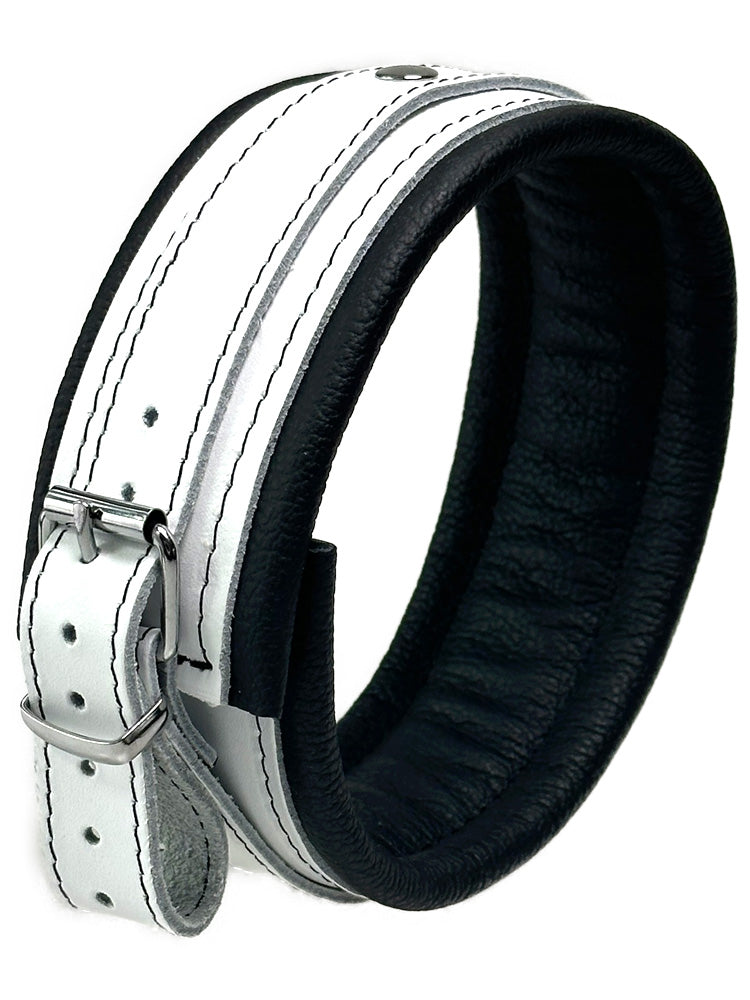 Leder-Halsband, weißer Riemen, schwarz gepolstert 5cm