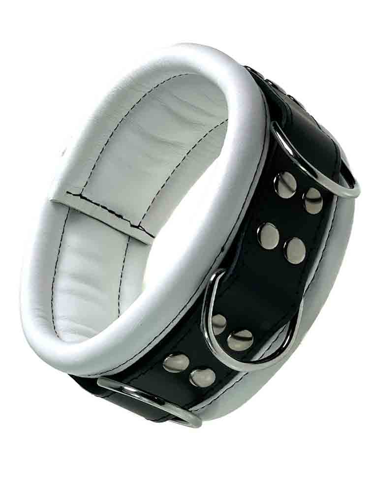 Leder-Halsband gepolstert weiss - 3 D-Ringe - 6,5cm