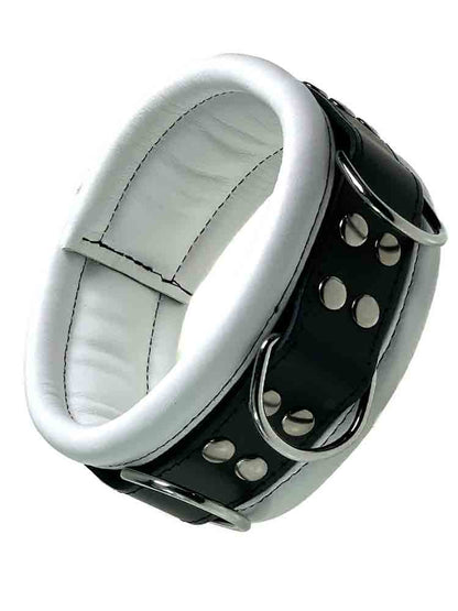 Leder-Halsband gepolstert weiss - 3 D-Ringe - 6,5cm