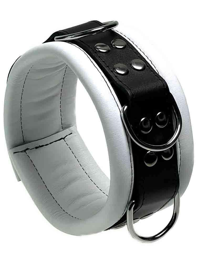 Leder-Halsband gepolstert weiss - 3 D-Ringe - 6,5cm