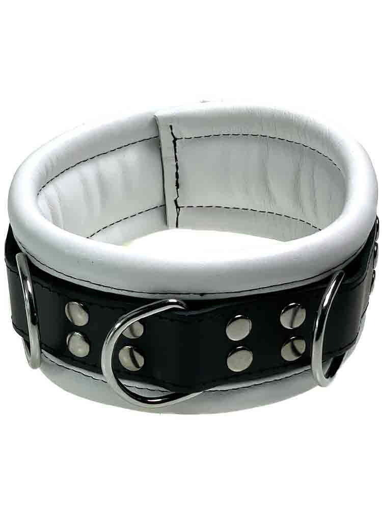 Leder-Halsband gepolstert weiss - 3 D-Ringe - 6,5cm