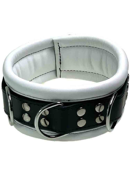 Leder-Halsband gepolstert weiss - 3 D-Ringe - 6,5cm