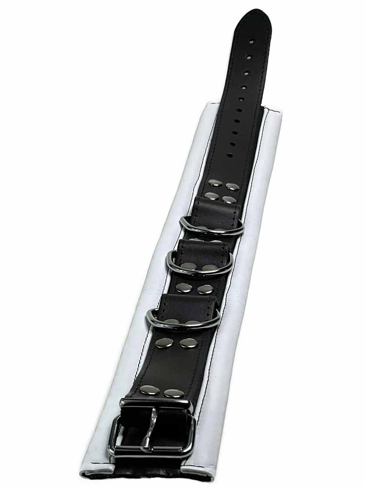 Leder-Halsband gepolstert weiss - 3 D-Ringe - 6,5cm