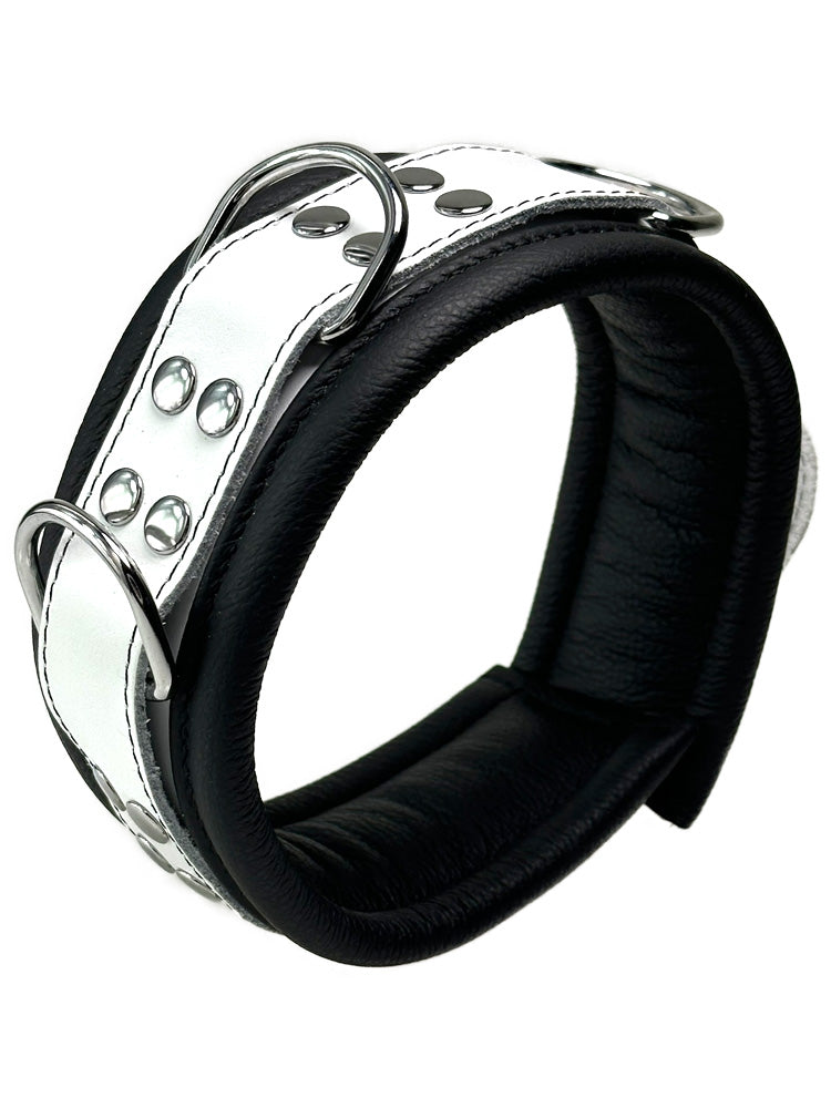 Leder-Halsband gepolstert schwarz-weiss - 3 D-Ringe - 6,5cm