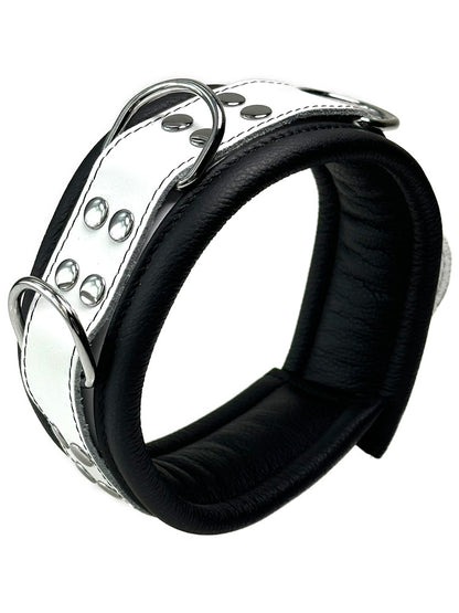Leder-Halsband gepolstert schwarz-weiss - 3 D-Ringe - 6,5cm