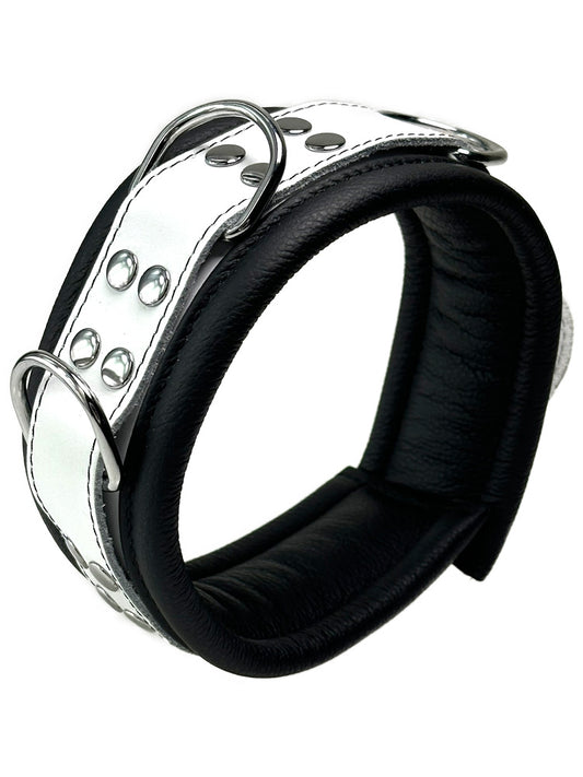 Leder-Halsband gepolstert schwarz-weiss - 3 D-Ringe - 6,5cm