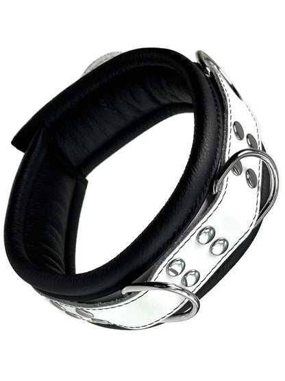 Leder-Halsband gepolstert schwarz-weiss - 3 D-Ringe - 6,5cm