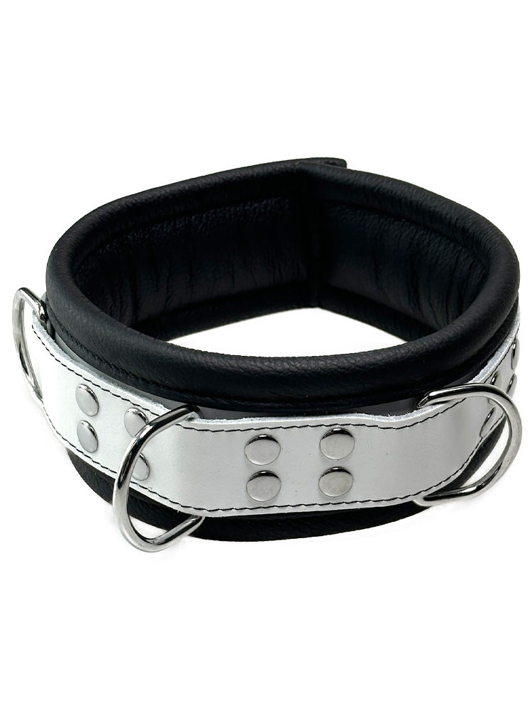 Leder-Halsband gepolstert schwarz-weiss - 3 D-Ringe - 6,5cm