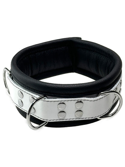 Leder-Halsband gepolstert schwarz-weiss - 3 D-Ringe - 6,5cm