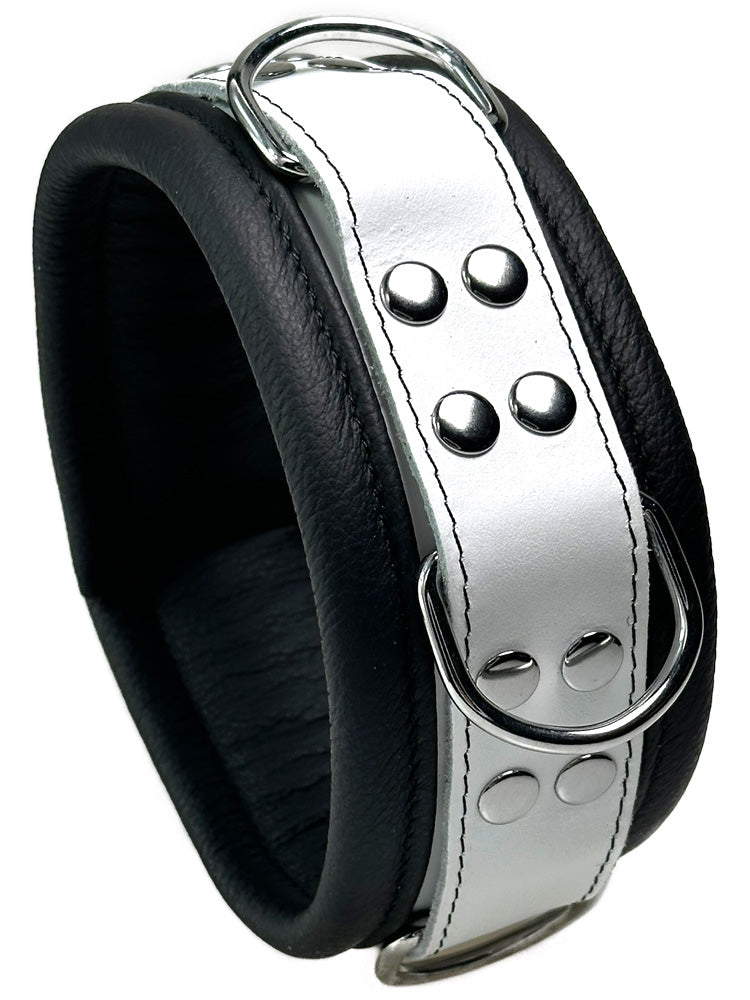 Leder-Halsband gepolstert schwarz-weiss - 3 D-Ringe - 6,5cm