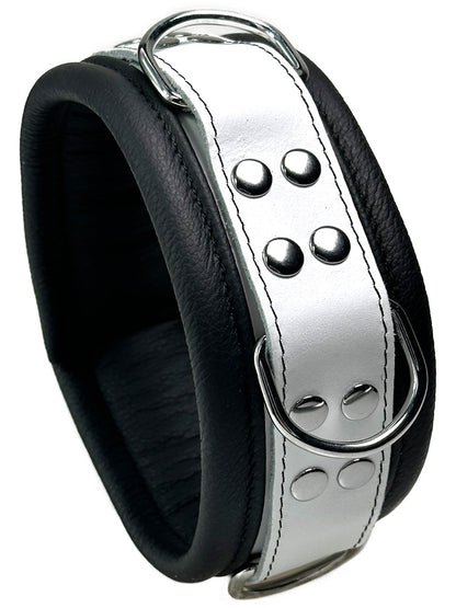 Leder-Halsband gepolstert schwarz-weiss - 3 D-Ringe - 6,5cm