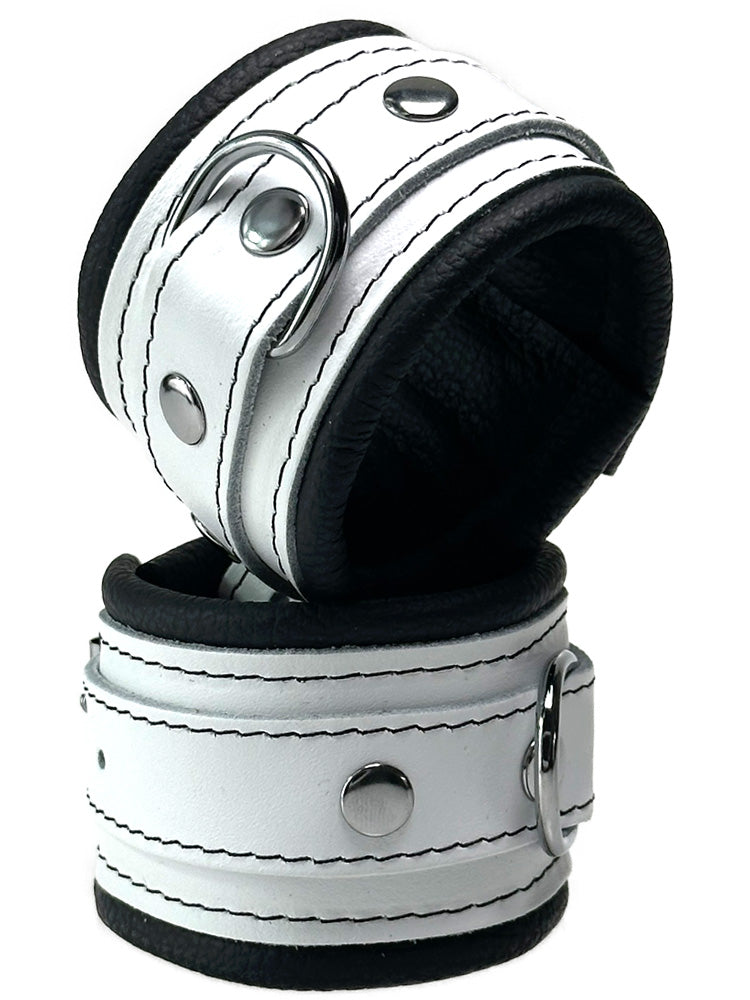 Leder-Handfesseln weißer Riemen, schwarz gepolstert 5cm