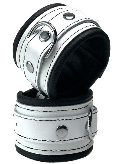 Leder-Handfesseln weißer Riemen, schwarz gepolstert 5cm