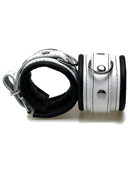 Leder-Handfesseln weißer Riemen, schwarz gepolstert 5cm