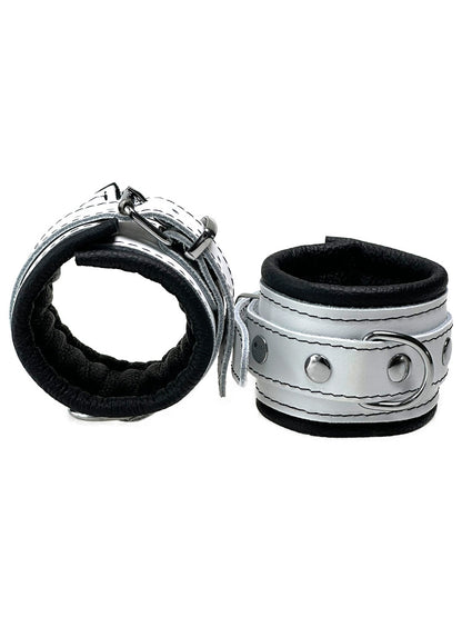 Leder-Handfesseln weißer Riemen, schwarz gepolstert 5cm