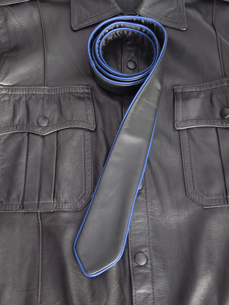 Lederkrawatte schmal mit BLAUER Paspel