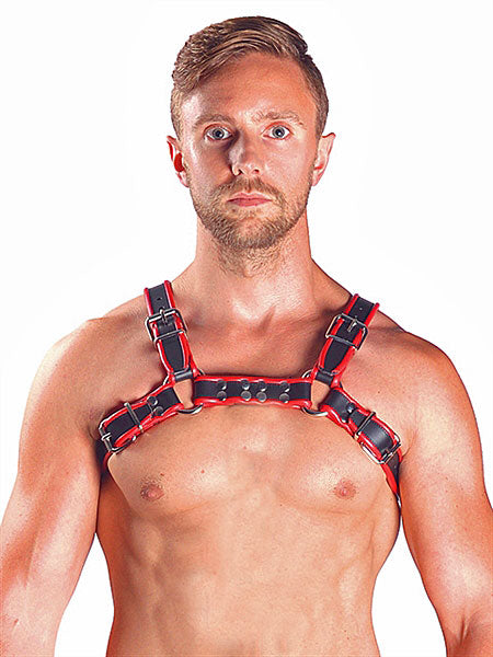 Mister B Leather Chest/Brust Harness, schwarz-rot - S - auf Bestellung