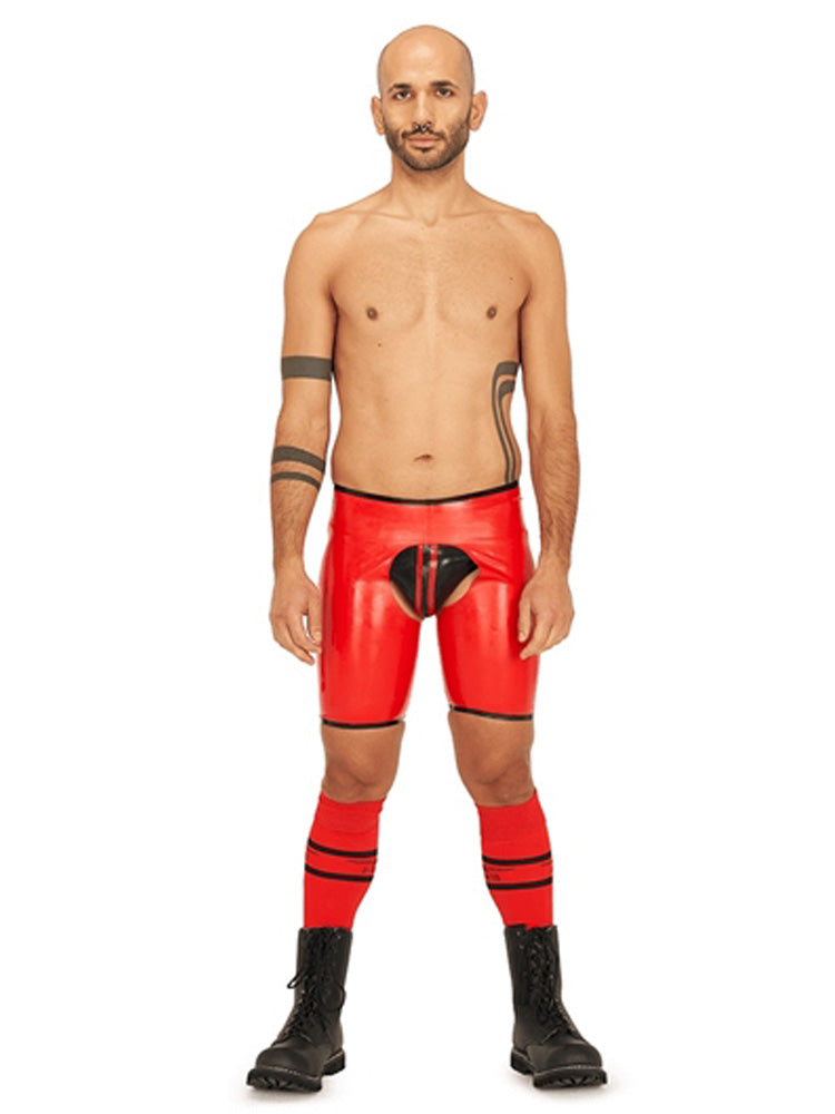 MISTER B Rubber Short Chaps Reversible schwarz-rot