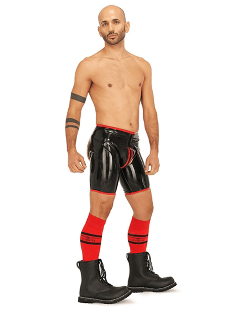 MISTER B Rubber Short Chaps Reversible schwarz-rot