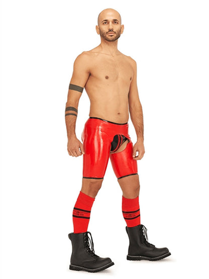 MISTER B Rubber Short Chaps Reversible schwarz-rot