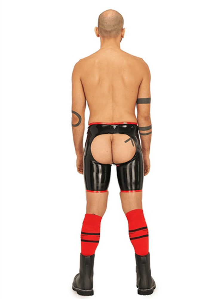 MISTER B Rubber Short Chaps Reversible schwarz-rot