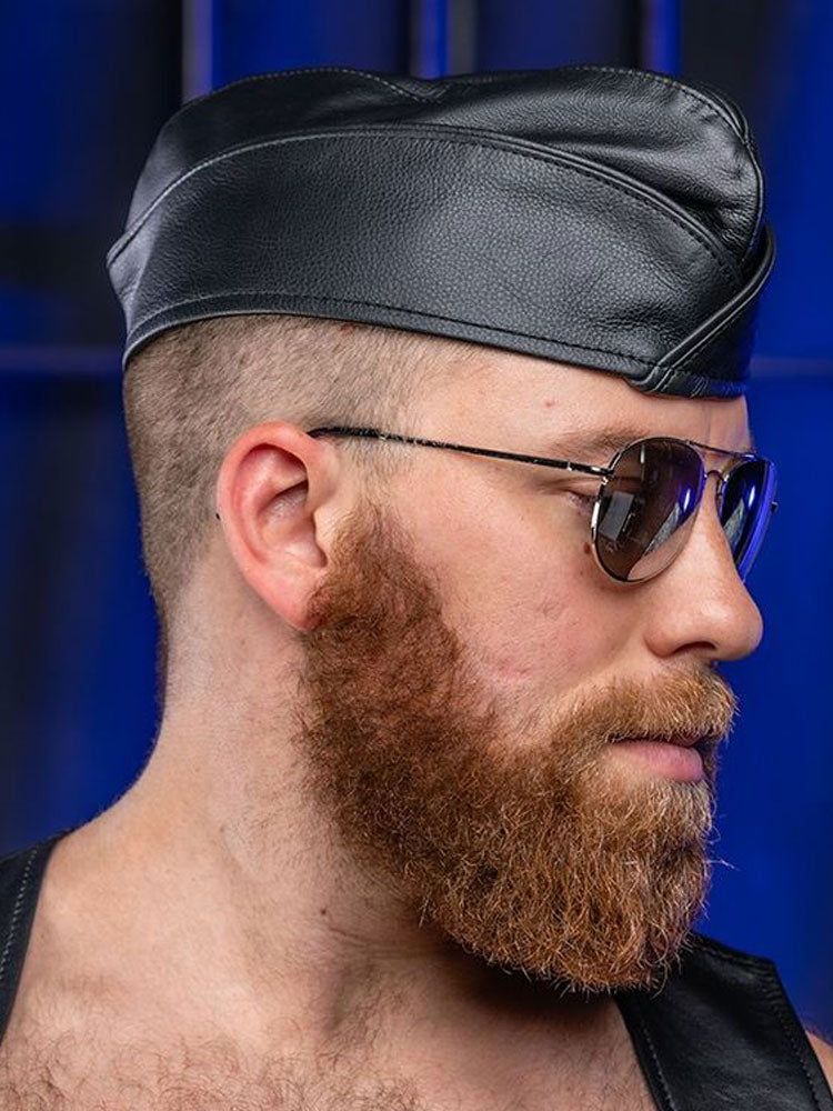 Mister S Leder Garrison-Mütze Leder mit schwarzer Paspel