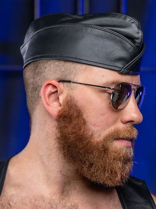 Mister S Leder Garrison-Mütze Leder mit schwarzer Paspel
