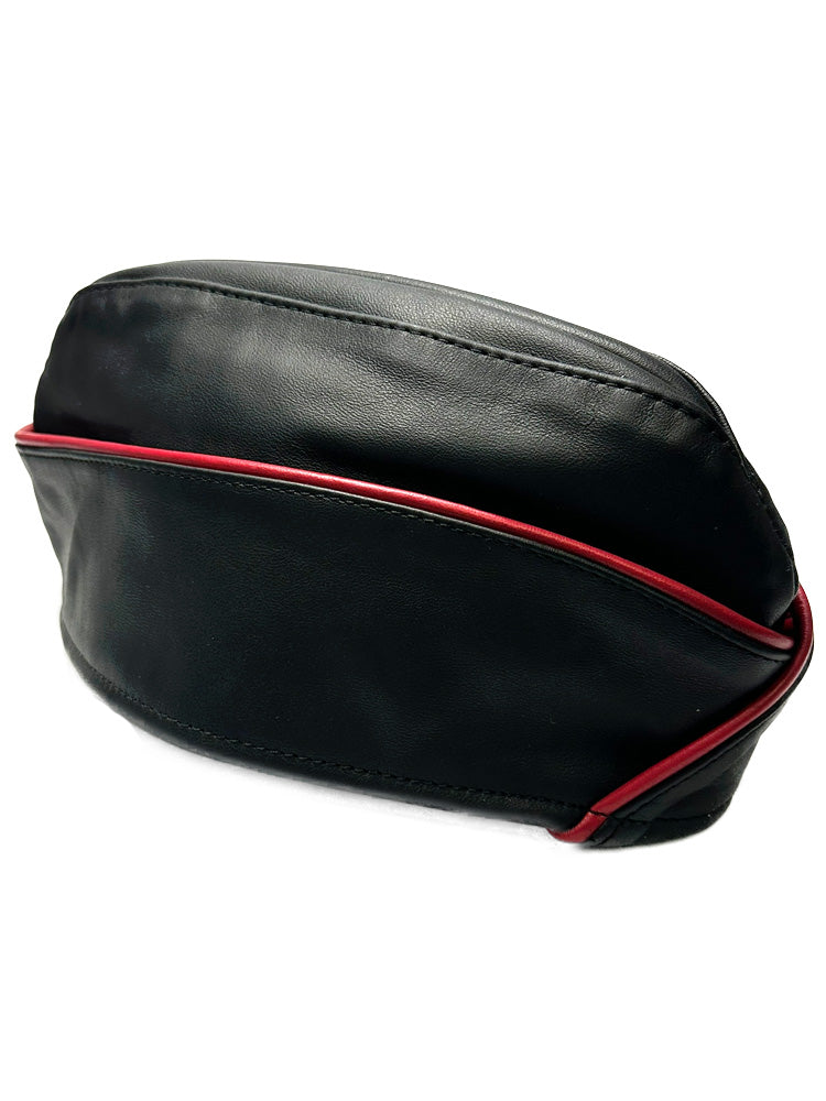 Mister S Leder Garrison-Mütze Leder mit roter Paspel