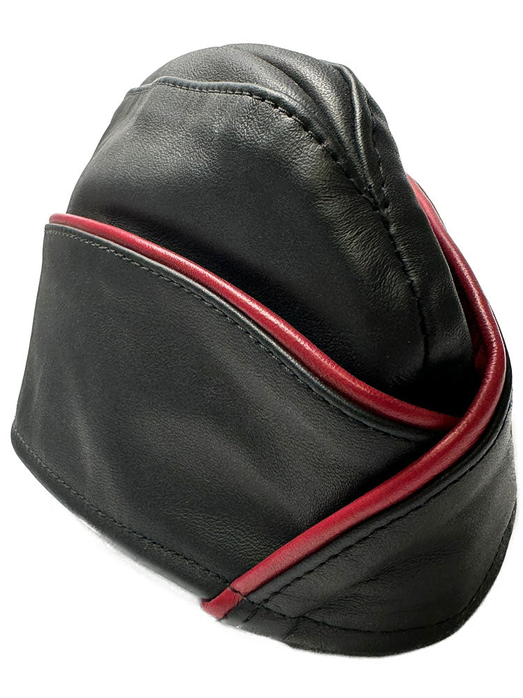 Mister S Leder Garrison-Mütze Leder mit roter Paspel
