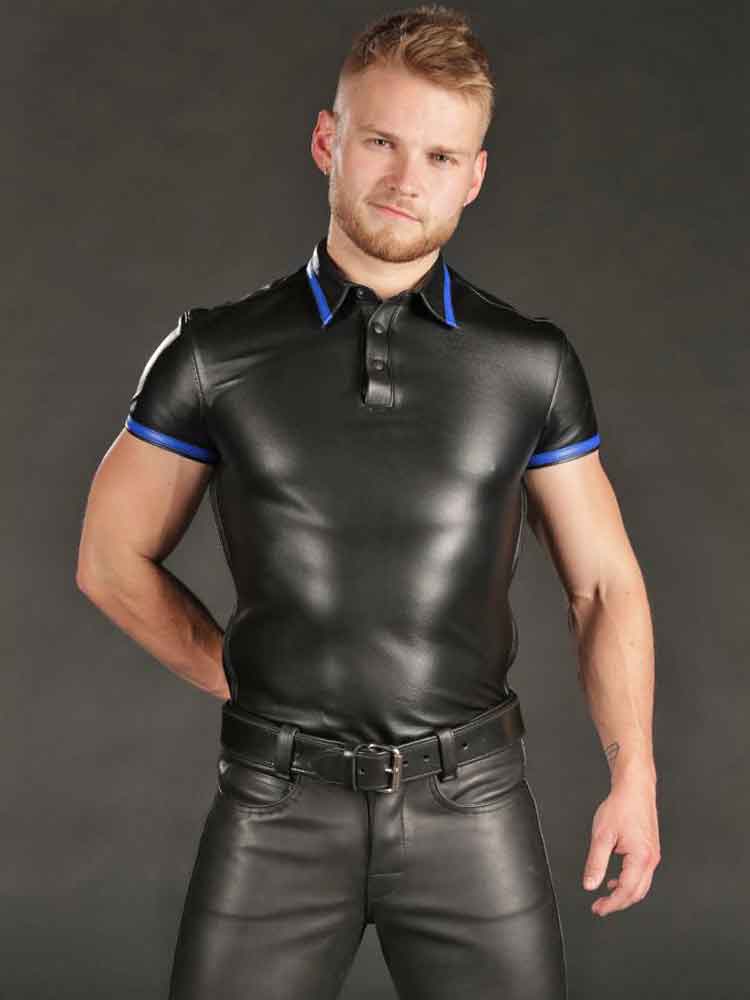 Mister S Lammleder-Poloshirt - blauer Streifen