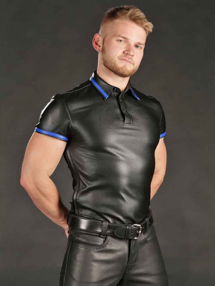 Mister S Lammleder-Poloshirt - blauer Streifen